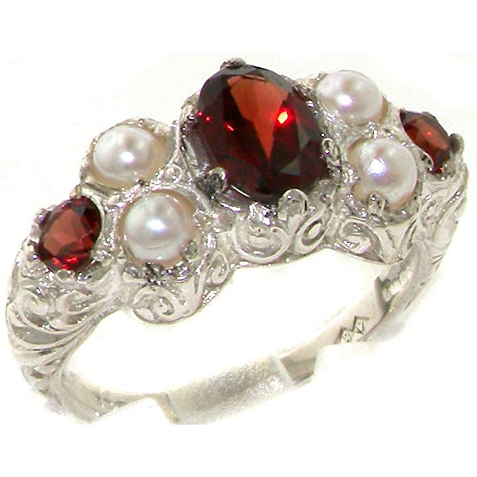 925 Sterling Silver Natural Garnet and Cultured Pearl Womens Cluster Ring - Sizes 4 to 12 Available