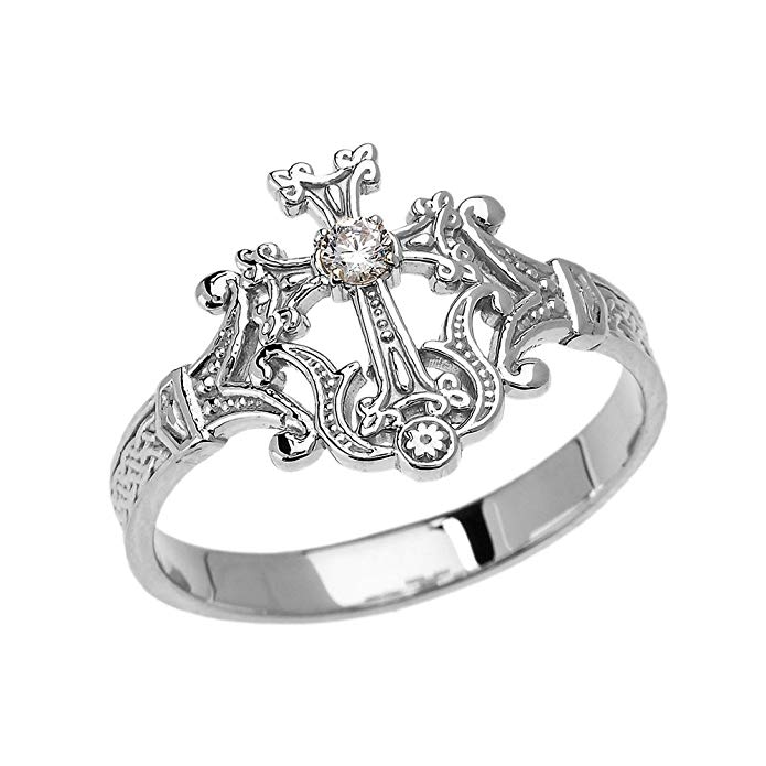 10k White Gold Solitaire Cubic Zirconia Orthodox Cross with Armenian Knot Design Elegant Ring