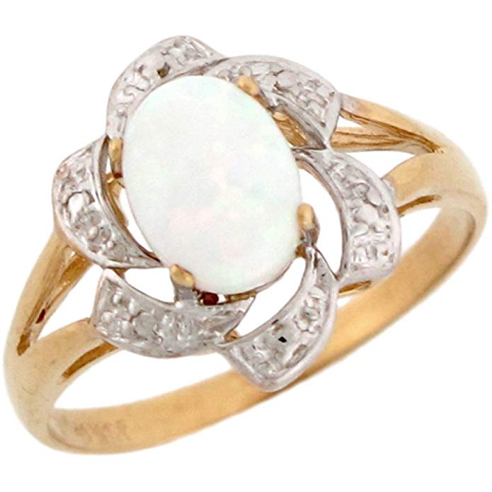 10k Two-Toned Real Gold Speckled White Simulated Opal Ladies Ring