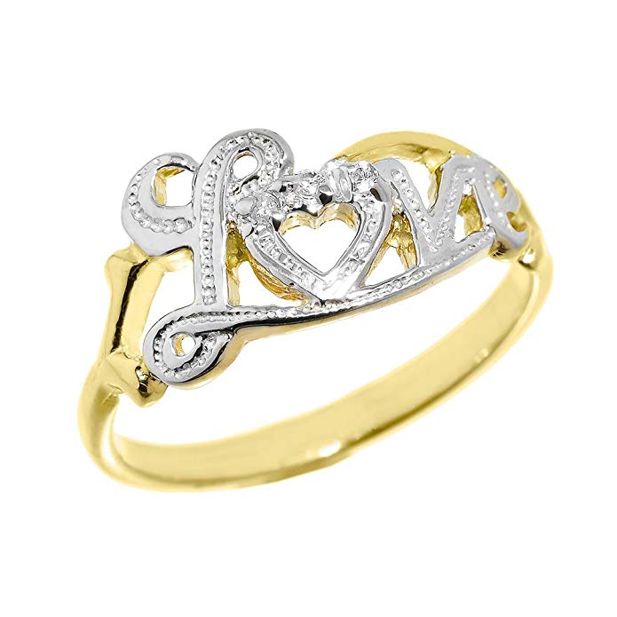 Dainty 14k Yellow Gold High Polish Diamond Love Script Statement Ring