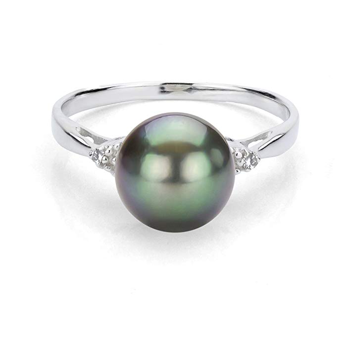 Sterling Silver 1/100cttw Diamond on Each Side 8-8.5mm Round Black Tahitian Cultured Pearl Ring