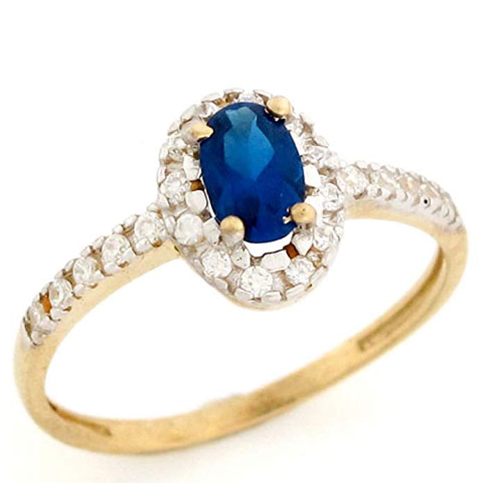14k Solid Real Gold Oval Simulated Sapphire September Birthstone CZ Ring Jewelry