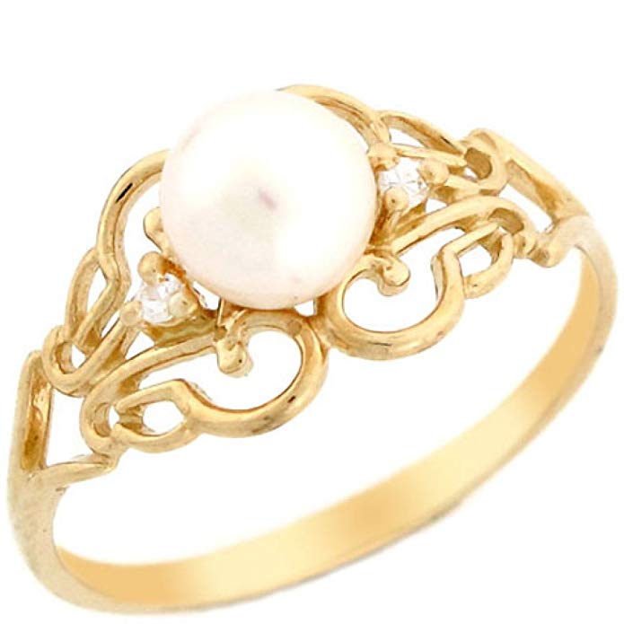 14k Solid Yellow Gold Freshwater Cultured Pearl & CZ Filigree Every Day Ring