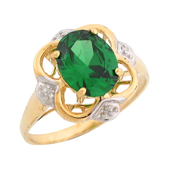 10k Two-Tone Gold Simulated Emerald Elegant May Birthstone Ring