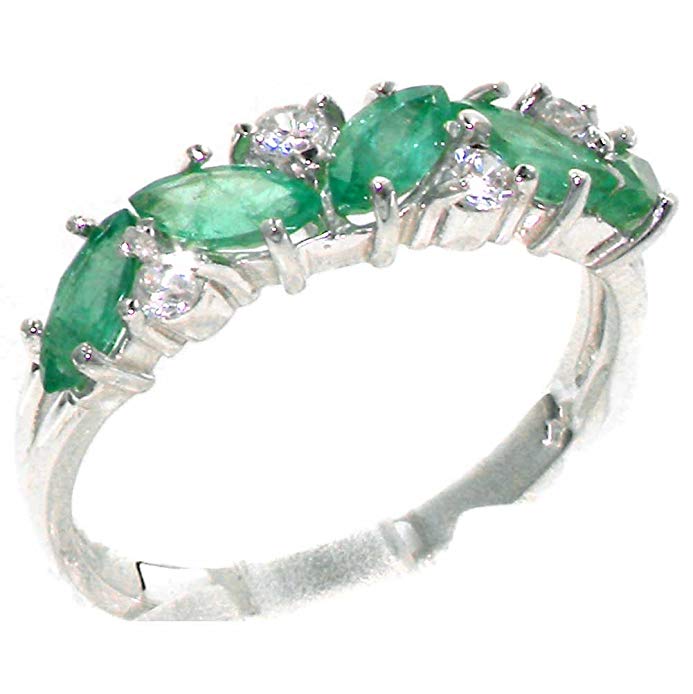 925 Sterling Silver Cubic Zirconia & Real Genuine Emerald Womens Eternity Ring