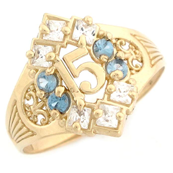 10k Yellow Gold Simulated Birthstone CZ Stylish Quinceanera 15 Anos Ring