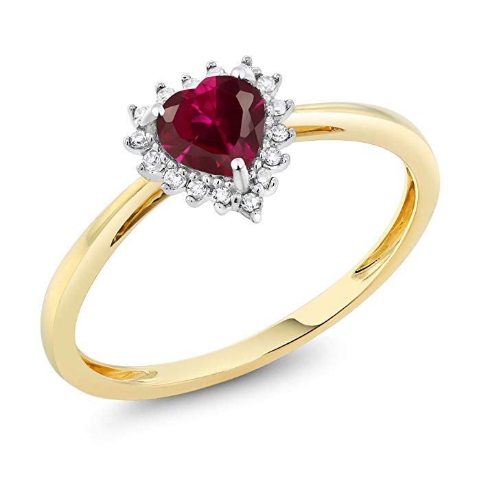 10K Two-Tone Gold 0.60 Cttw 5mm Red Created Ruby and Diamond Heart Shape Ring (Available 5,6,7,8,9)