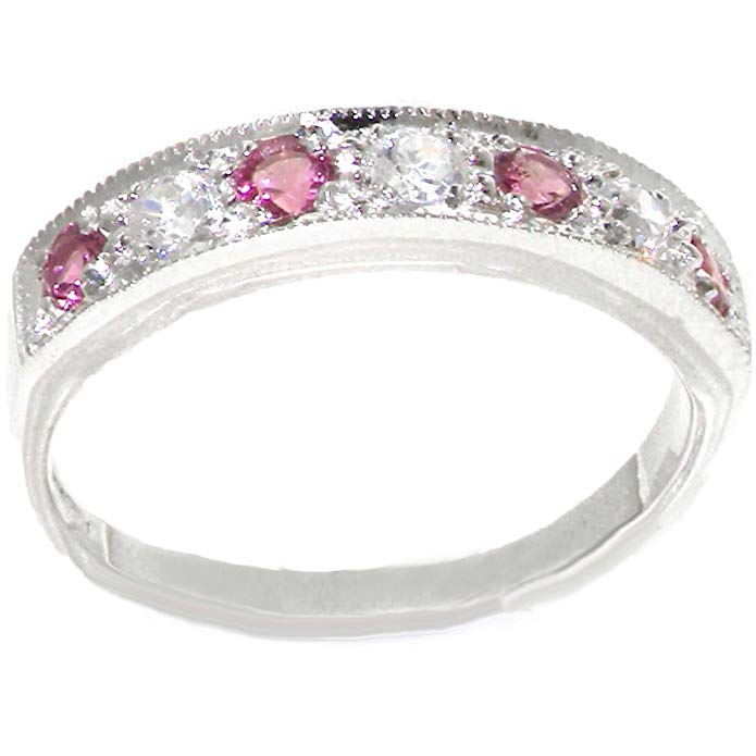 925 Sterling Silver Cubic Zirconia and Natural Pink Tourmaline Womens Band Ring -Sizes 4 to 12