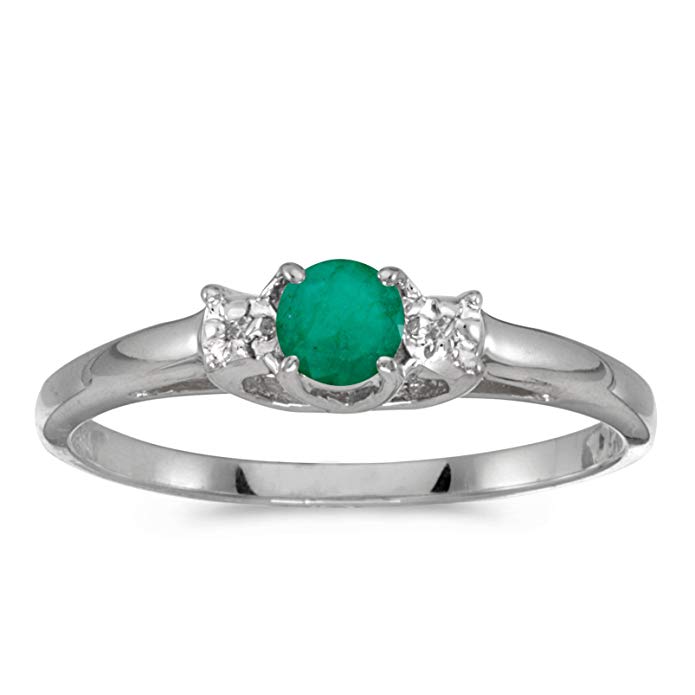 14k White Gold Round Emerald And Diamond Ring