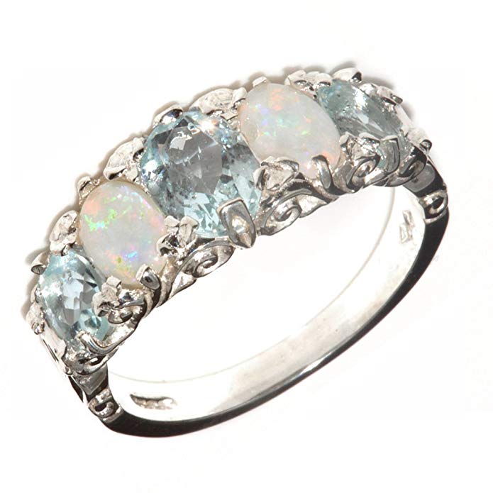 925 Sterling Silver Real Genuine Aquamarine and Opal Womens Band Ring