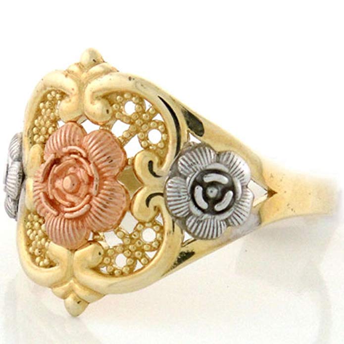10k Solid Gold Tri-color Flower Rose Filigree Ring