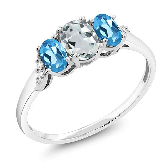 10K White Gold 1.06 Ct Sky Blue Aquamarine Swiss Blue Topaz 3-Stone Ring With Accent Diamond (Available 5,6,7,8,9)