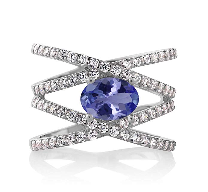 925 Sterling Silver Blue Tanzanite Women's Criss Cross Ring 2.09 cttw 8x6mm Oval Center (Available 5,6,7,8,9)