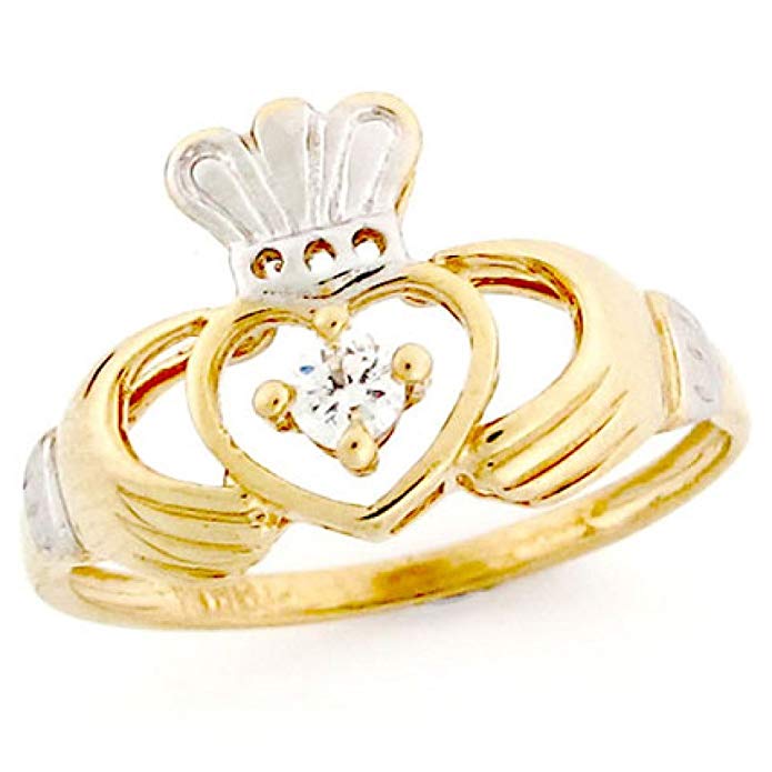 10k Solid Two-Tone Gold CZ Claddagh Ring Jewelry