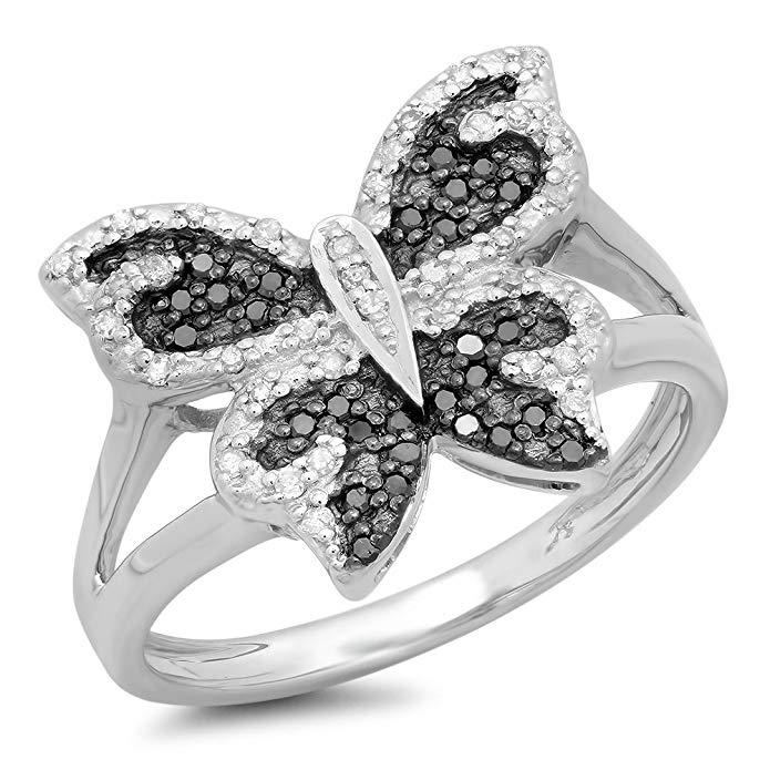0.25 Carat (ctw) Sterling Silver Round Black And White Diamond Ladies Butterfly Right Hand Ring 1/4 CT