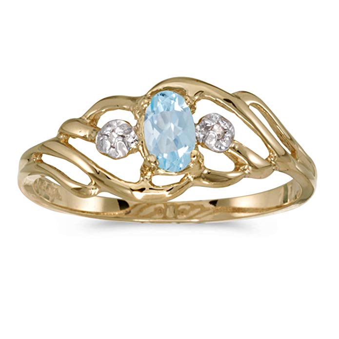 10k Yellow Gold Oval Aquamarine And Diamond Ring