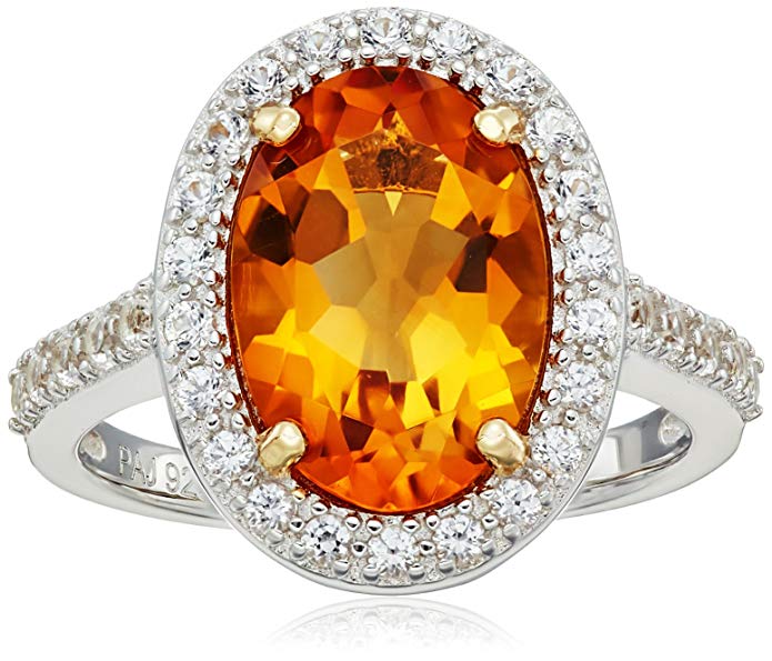 Sterling Silver Genuine Madeira Citrine and Created White Sapphire Halo Ring, Size 7