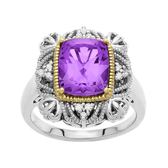 2 7/8 ct Vintage Amethyst Ring with Diamonds in Sterling Silver and 14K Gold