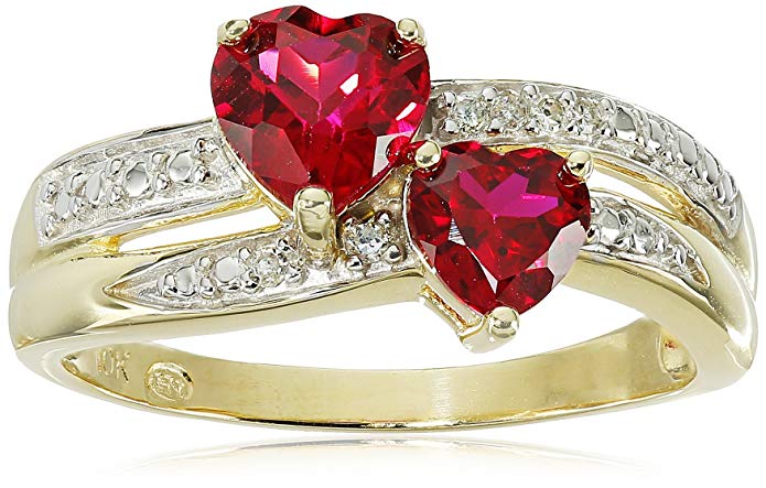 10k Yellow Gold Created Ruby and Genuine Diamond Double Heart Ring, Size 7