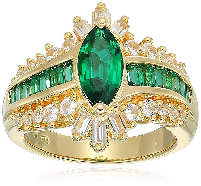 Sterling Silver with 14k Yellow Gold Plated Lab Created Emerald and Lab Created White Sapphire Ring