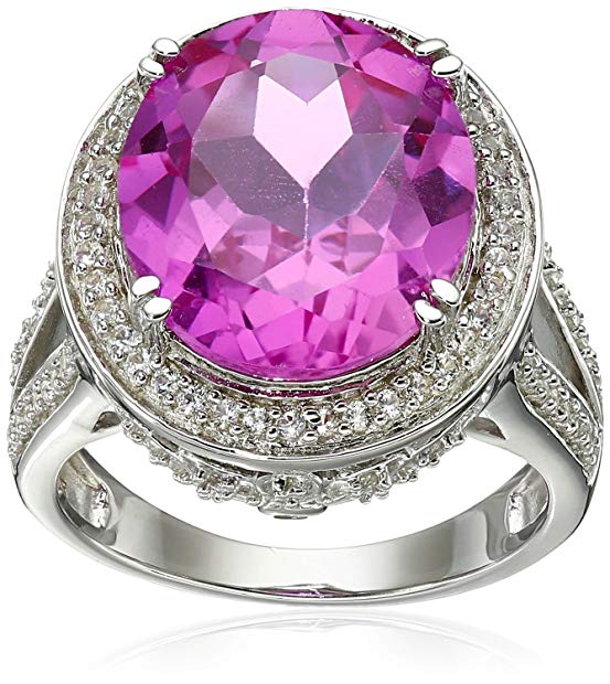 Sterling Silver Oval Shape Created Pink Sapphire with Round Created White Sapphire Cocktail Ring