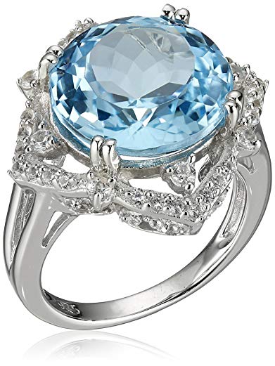 Sterling Silver Round Shape Sky Blue Topaz with Created White Sapphire Cocktail Ring