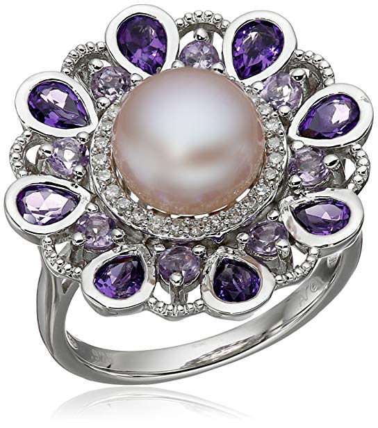 Sterling Silver Freshwater Cultured Pearl with Mix Amethyst and Diamond Accent Ring (1/10cttw), Size 7