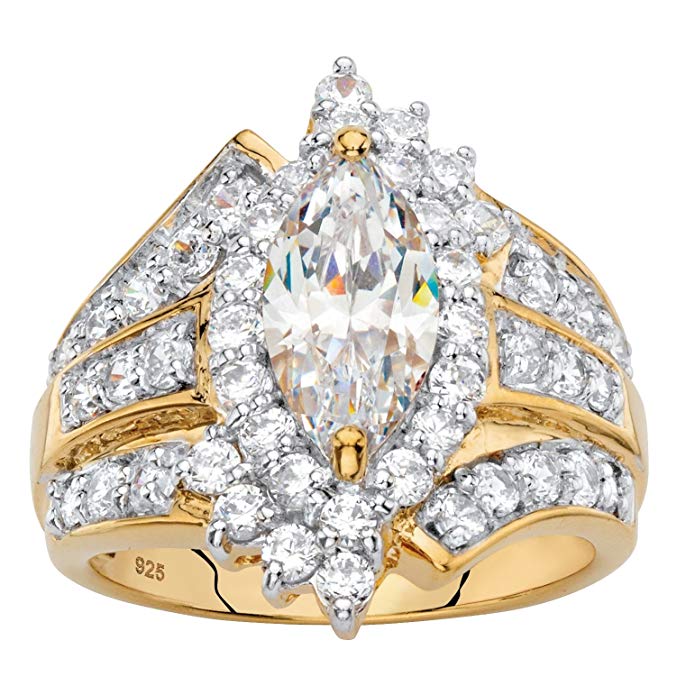 18k Gold over .925 Silver White Marquise Cubic Zirconia Triple Row Cocktail Ring