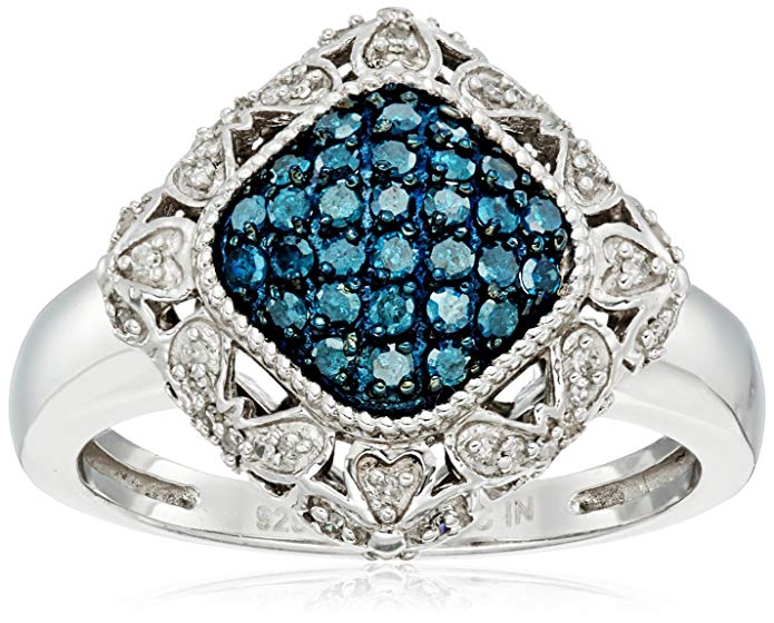 Sterling Silver Blue and White Diamond Cushion Ring (1/2 cttw, J-K Color, I2-I3 Clarity), Size 7