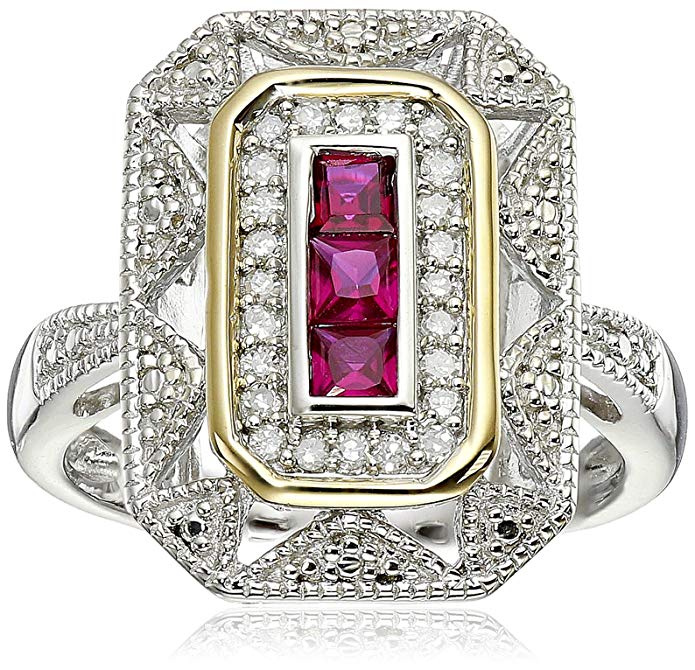 Sterling Silver and 14k Yellow Gold Created Ruby and Diamond Art Deco - Style Ring
