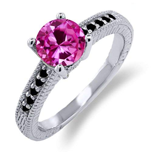 1.83 Ct Round Pink Created Sapphire Black Diamond 925 Sterling Silver Ring