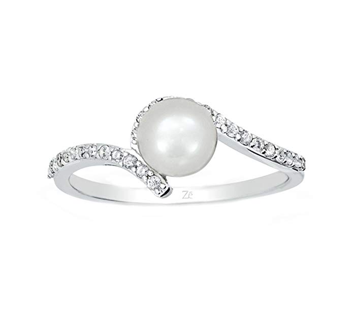 ZE Sterling Silver Cultured Freshwater Pearl and Diamond Ring