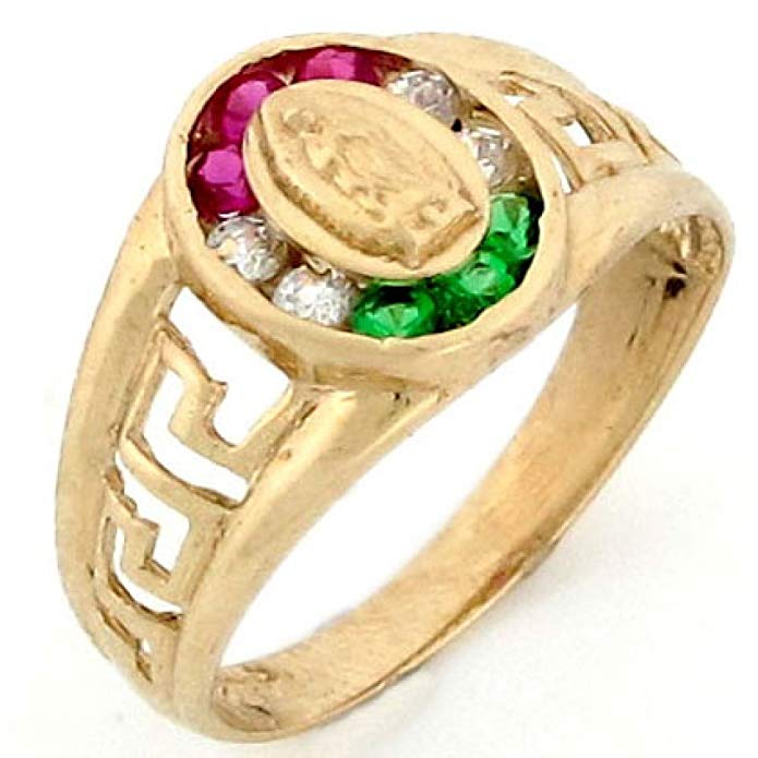 10k Gold Our Lady Guadalupe Mexican Flag Color CZ Ring