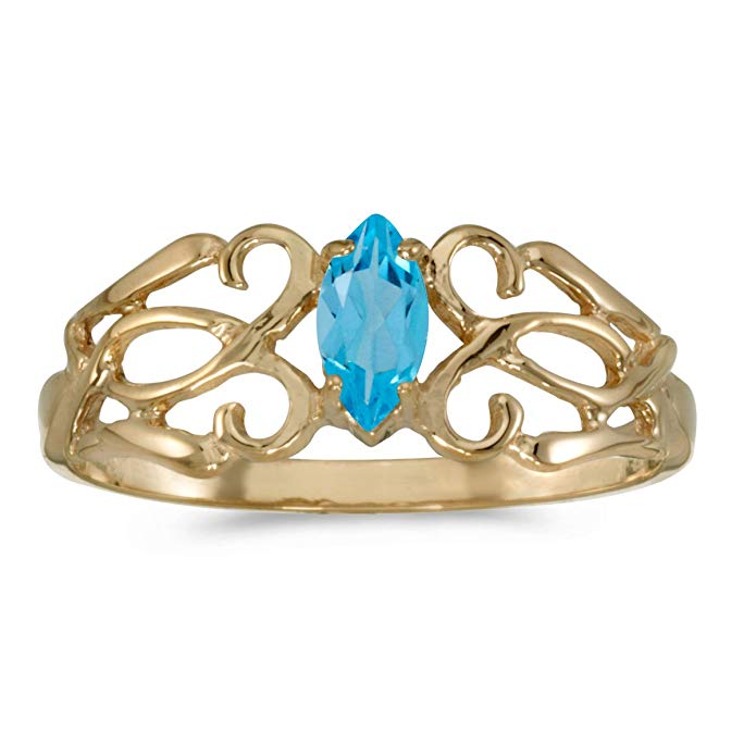 10k Yellow Gold Marquise Blue Topaz Filagree Ring