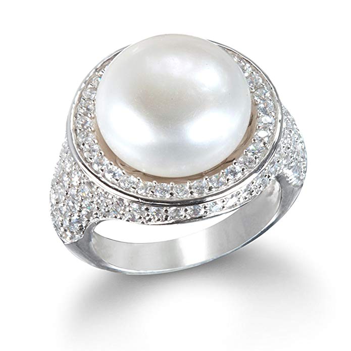 14mm Button Cultured Freshwater Pearl Ring with White Cz