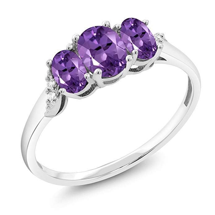 10K White Gold 0.78 Ct Purple Amethyst 3-Stone Ring With Accent Diamond (Available 5,6,7,8,9)
