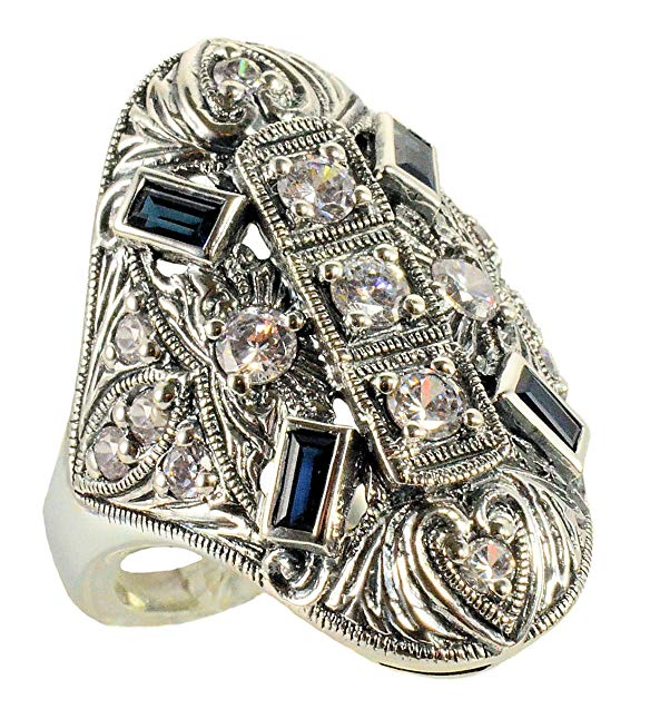 Art Deco Style Sterling Silver Cubic Zirconia & Sapphire Cocktail Ring
